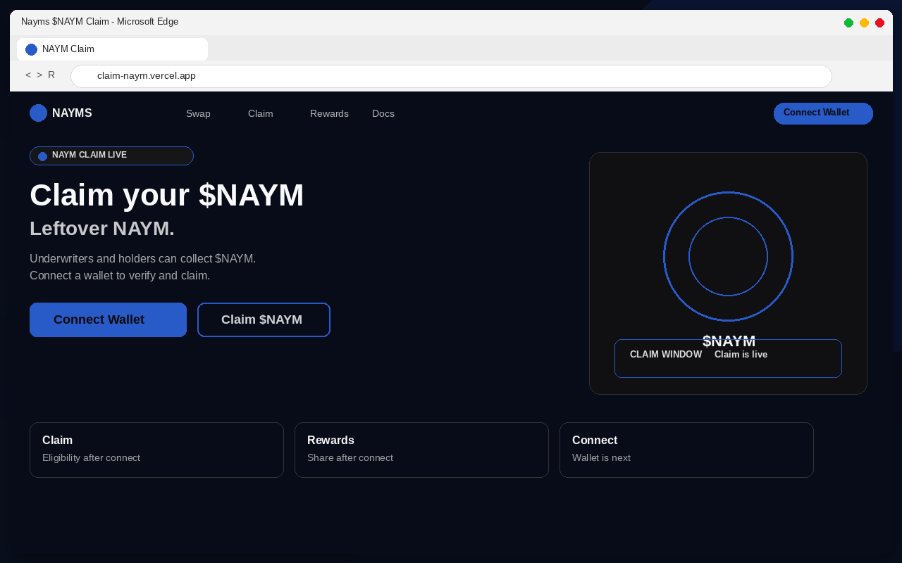 Nayms Airdrop EXPOSED: Fake $NAYM Claim Pages Drain Wallets 1 Fake Nayms $NAYM airdrop claim page with Connect Wallet