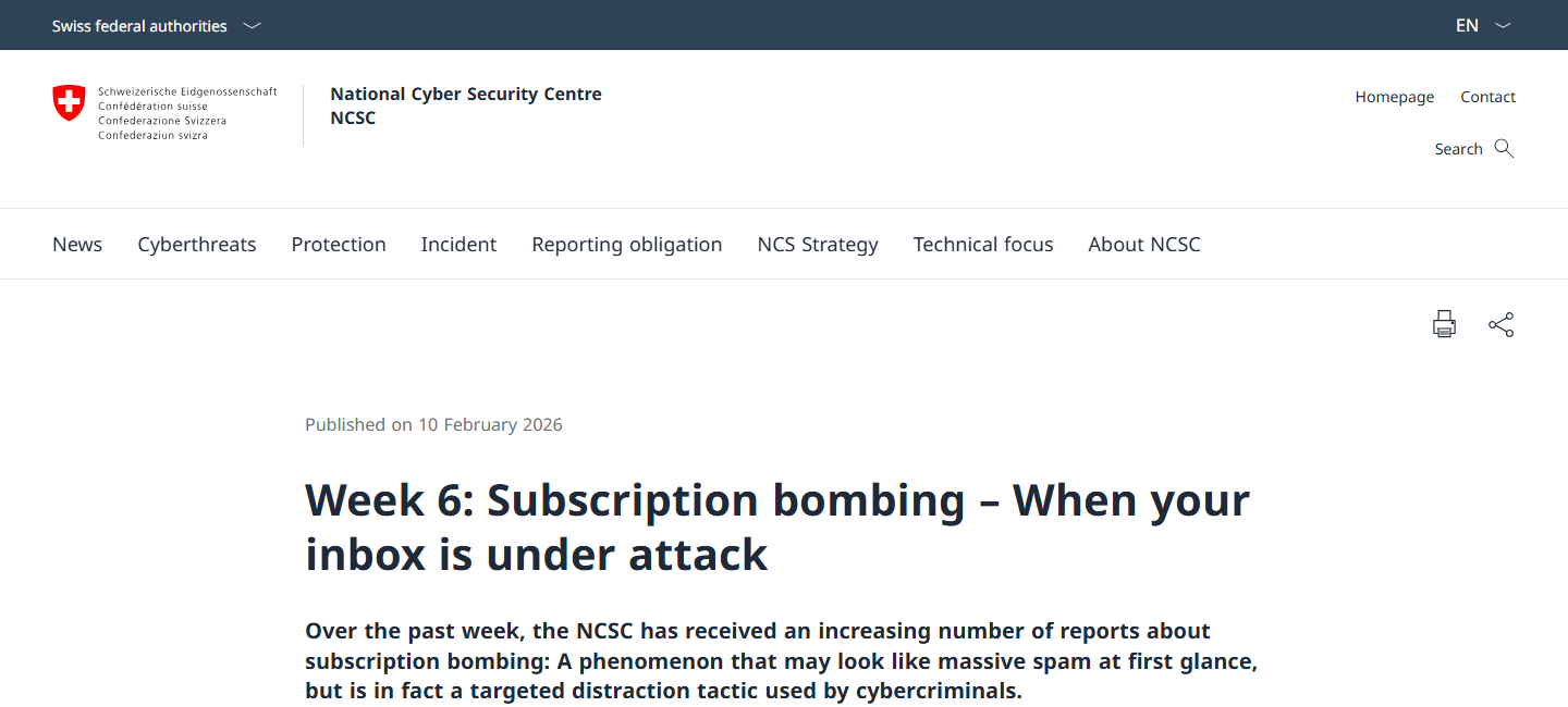 Email Bombing Scam Hides a Fraudulent Best Buy Order 2 Swiss National Cyber Security Centre warning about subscription bombing attacks