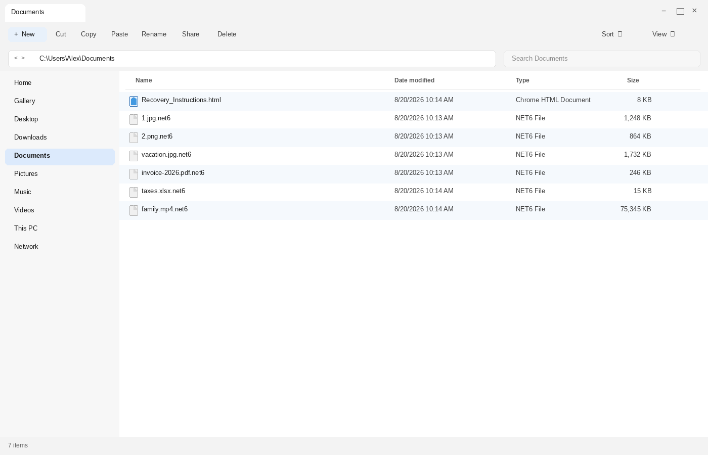 Encrypted files after Net. The .net6 names and Recovery_Instructions.html are the tell.