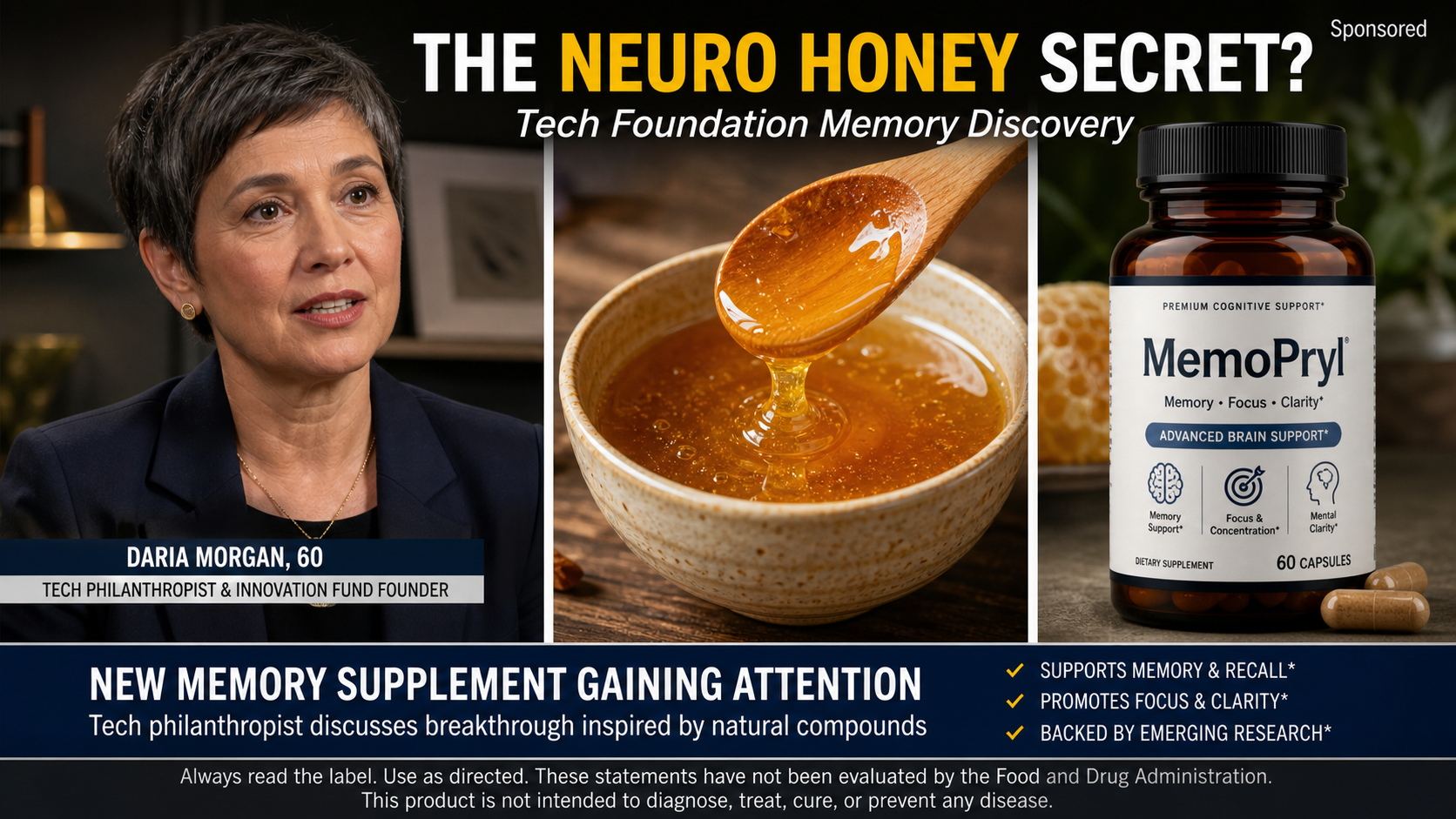 Bill Gates Honey Memory Cure Scam: Fake AI Ads 1 Realistic reconstruction of a neuro honey memory supplement advertisement