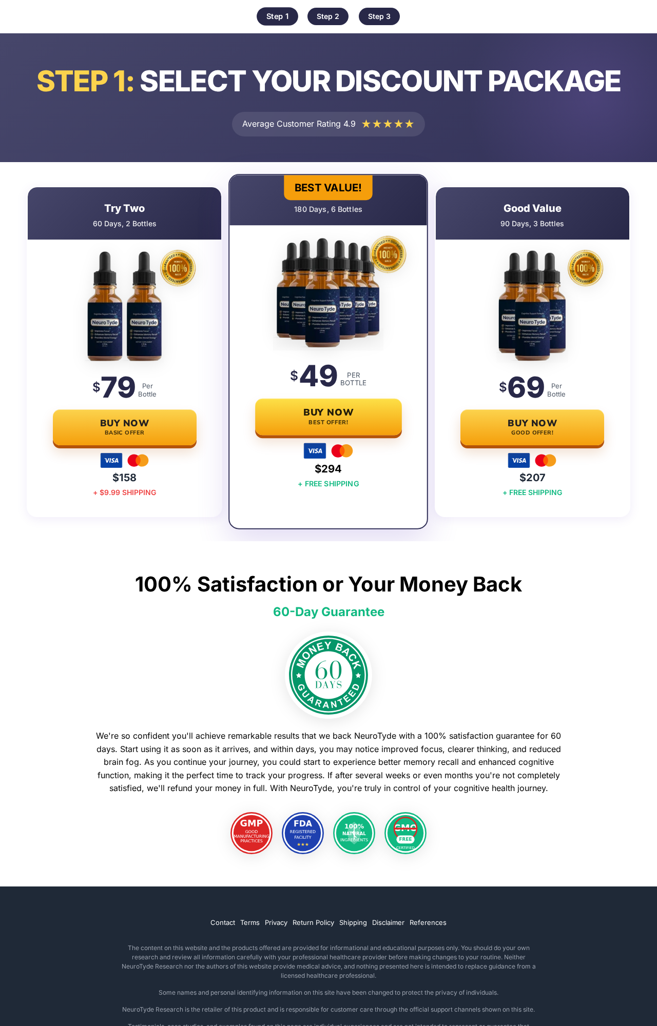 Neuro Tyde Drops Reviews Exposed: Fake or Real? Full Investigation 2026 1 Neuro Tyde checkout page showing two, three, and six bottle packages with a 60-day guarantee