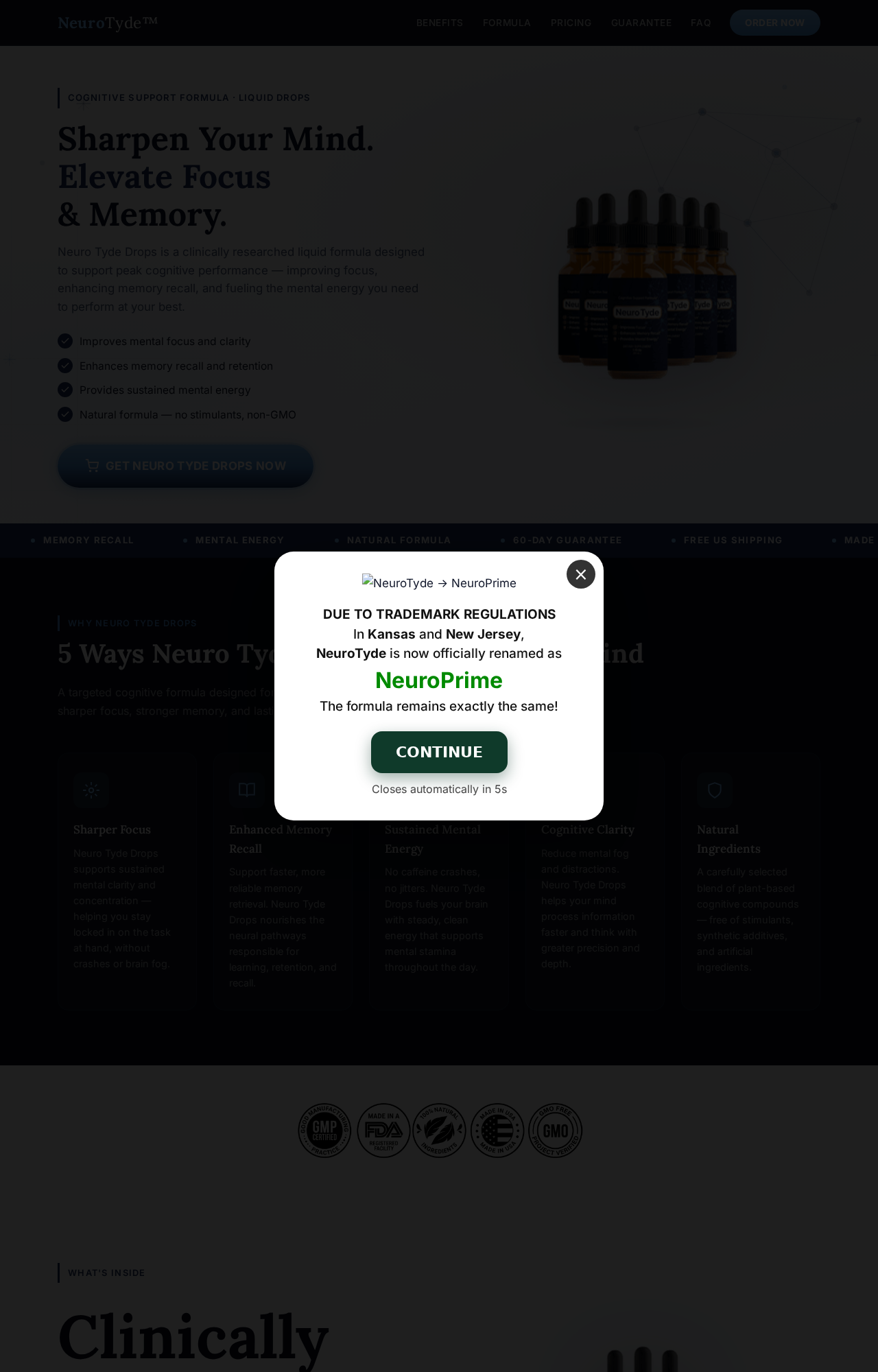 Neuro Tyde Drops Reviews Exposed: Fake or Real? Full Investigation 2026 2 Neuro Tyde page displaying a popup claiming the product was renamed NeuroPrime in Kansas and New Jersey