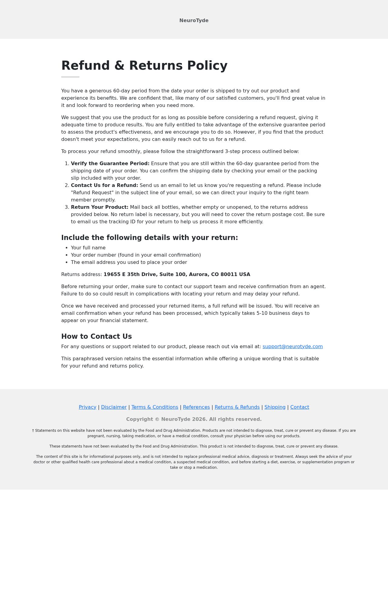 Neuro Tyde Drops Reviews Exposed: Fake or Real? Full Investigation 2026 3 Neuro Tyde refund policy listing an Aurora return address, support email, and a leftover editing note