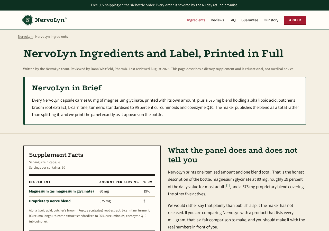 NervoLyn ingredient page showing the supplement facts panel and proprietary blend