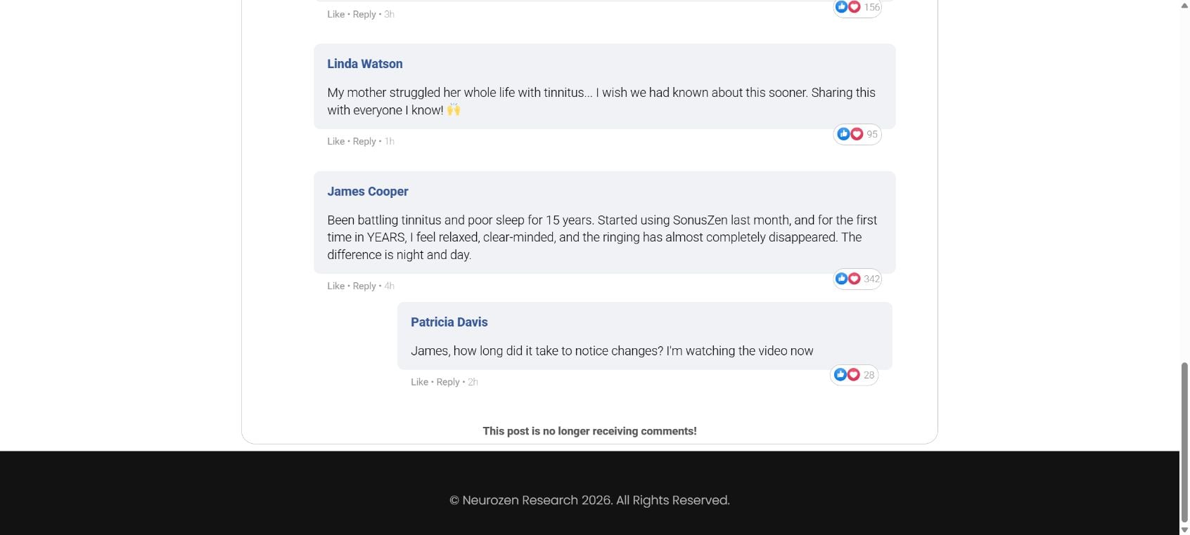 Fake Neurozen sales page comments that mistakenly praise a different product named SonusZen