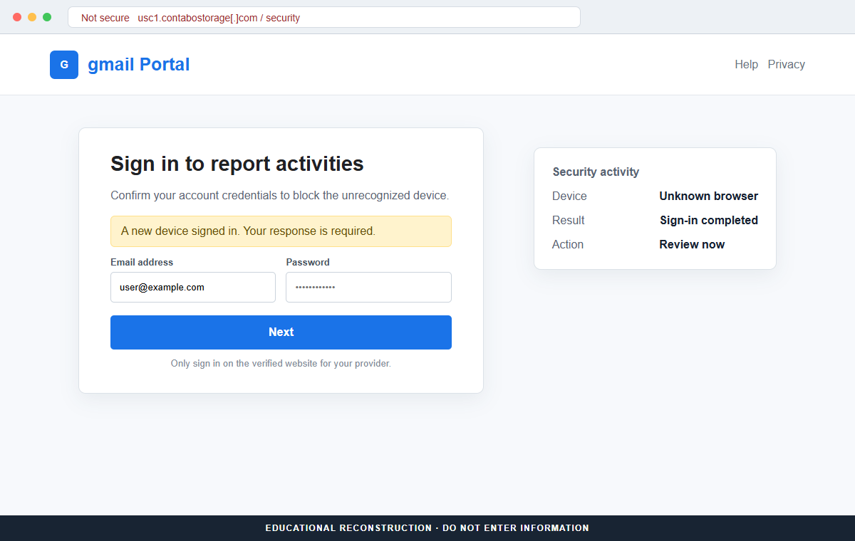 Reconstruction of the fake Gmail Portal login hosted on Contabo cloud storage