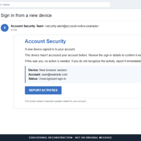 Reconstruction of the New Device Signed In email scam with a Report Activities button