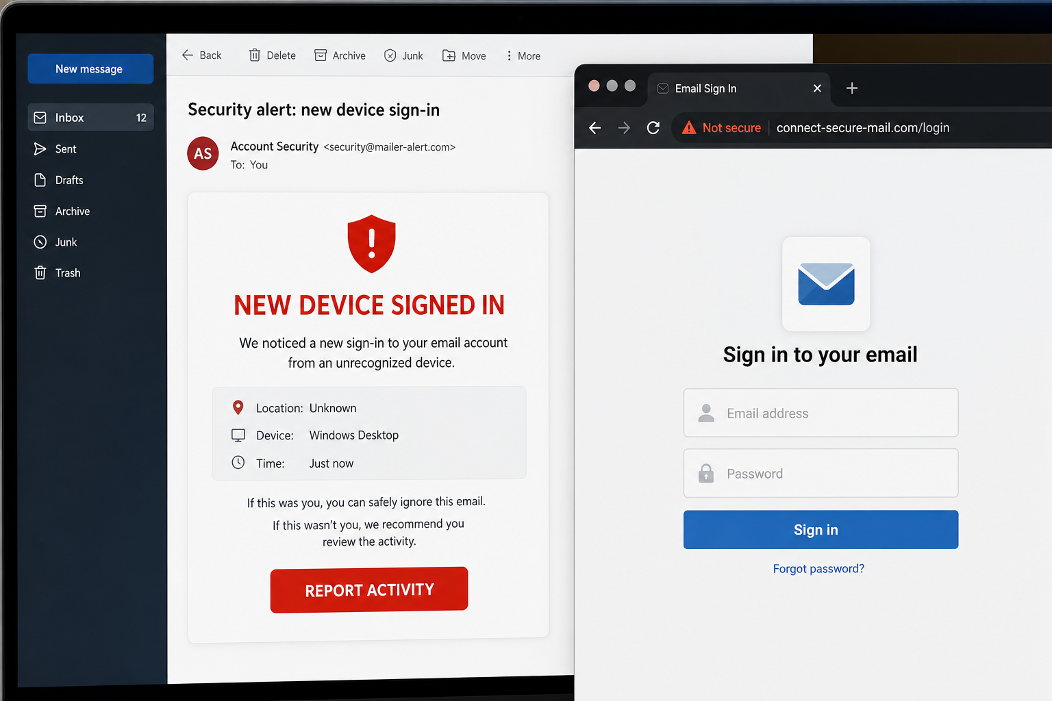 New Device Signed In Email Scam: Fake Security Alert Steals Your Password 1 Fake new-device sign-in email leading to a counterfeit email login page
