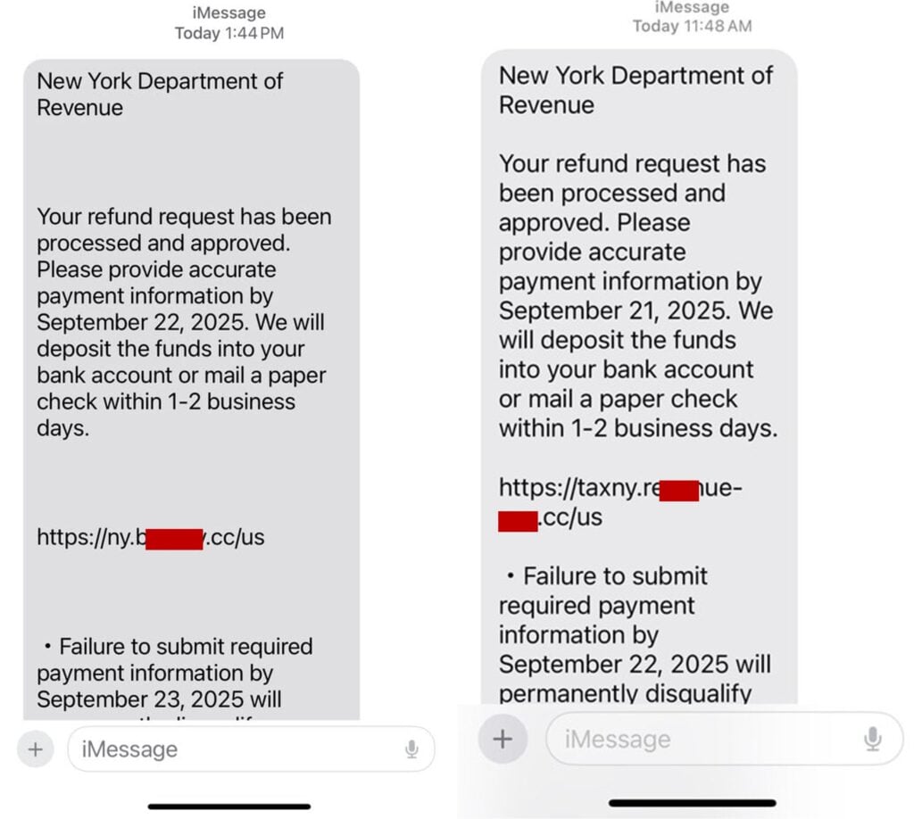 New York Department of Revenue Scam Texts Exposed 1 Fake New York Department of Revenue tax refund text messages with phishing links