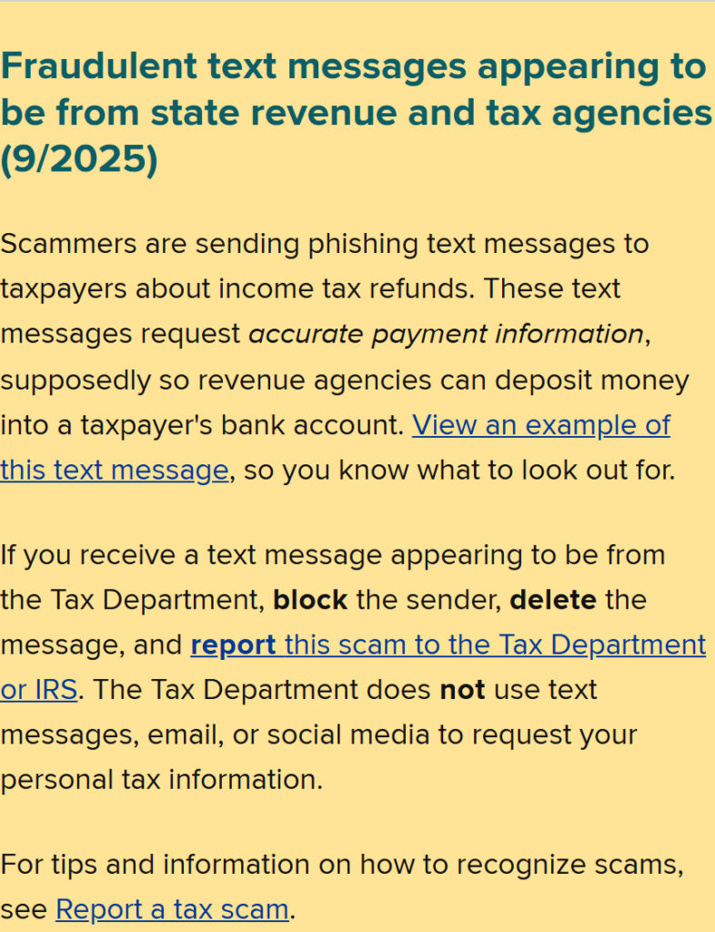 New York Department of Revenue Scam Texts Exposed 2 New York State Tax Department warning about fraudulent state revenue and tax agency text messages