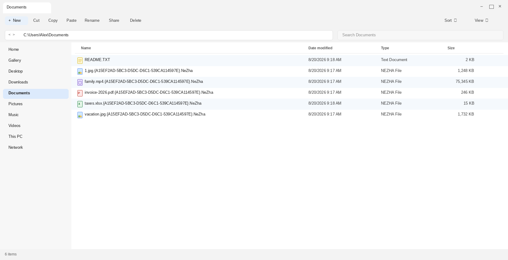 Documents after NeZha. 1.jpg.{A15EF2AD-5BC3-D5DC-D6C1-539CA114597E}.NeZha and README.TXT are the tell.