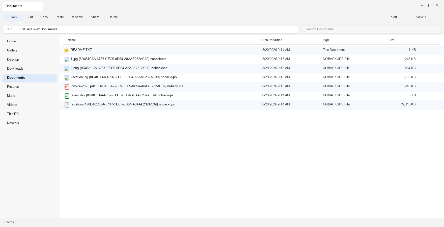 Encrypted files after NoBackups. The .nobackups names and README.TXT are the tell.