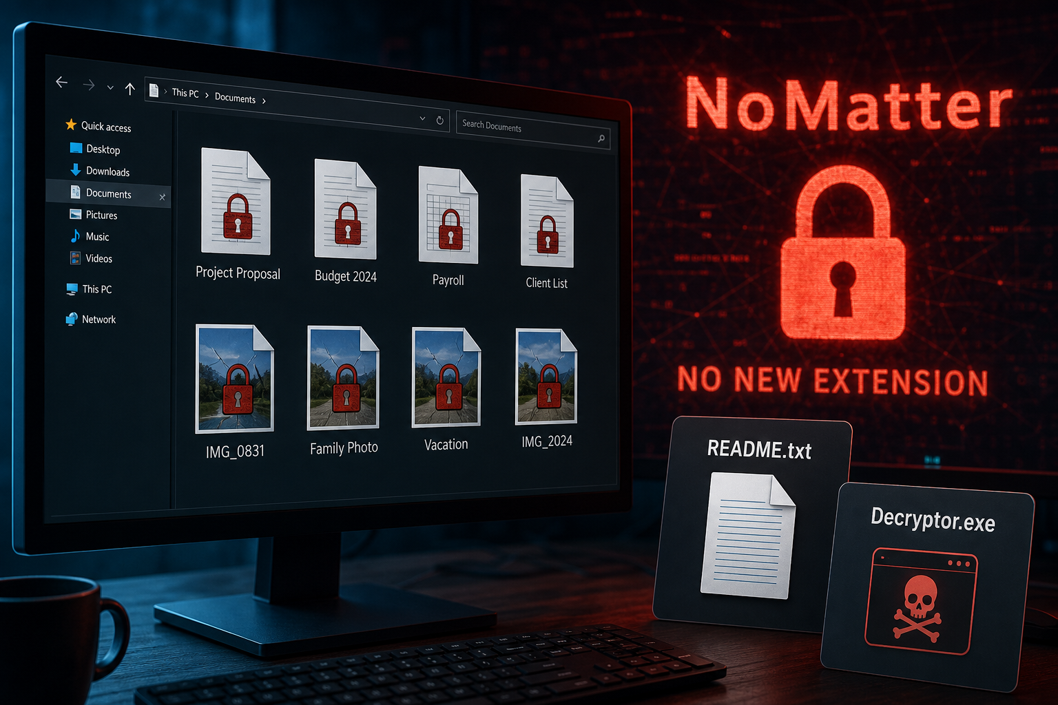 NoMatter ransomware locking files without changing their extensions