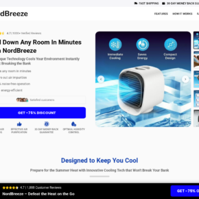 NordBreeze sales page claiming the small cooler can cool any room in minutes
