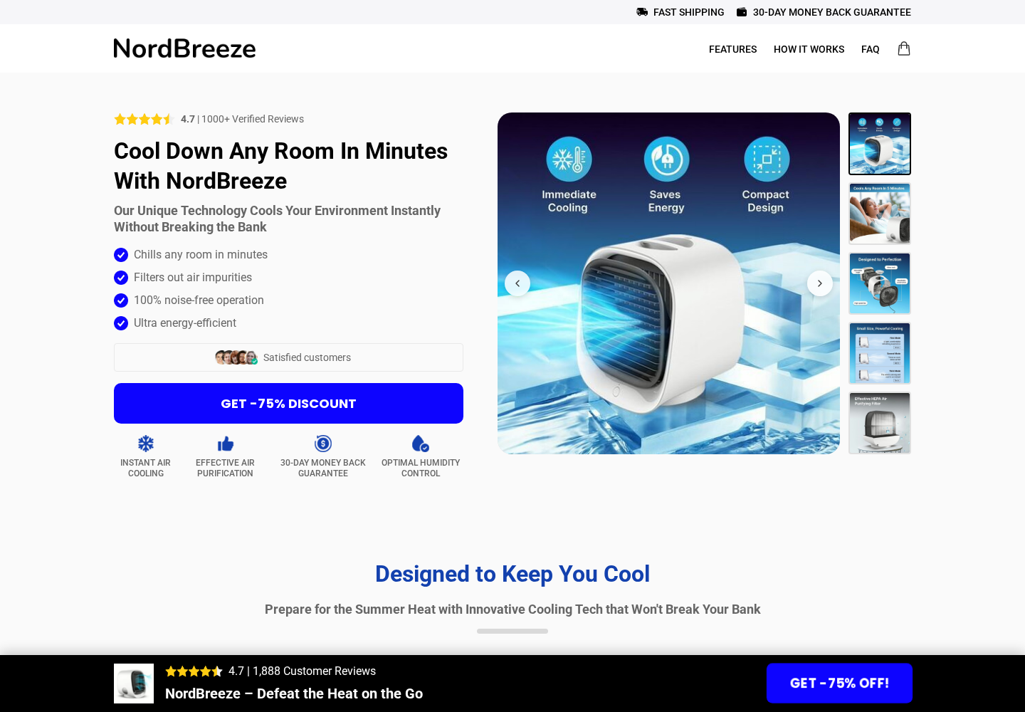 NordBreeze Portable AC Scam: Cooling Claims and Red Flags 1 NordBreeze sales page claiming the small cooler can cool any room in minutes