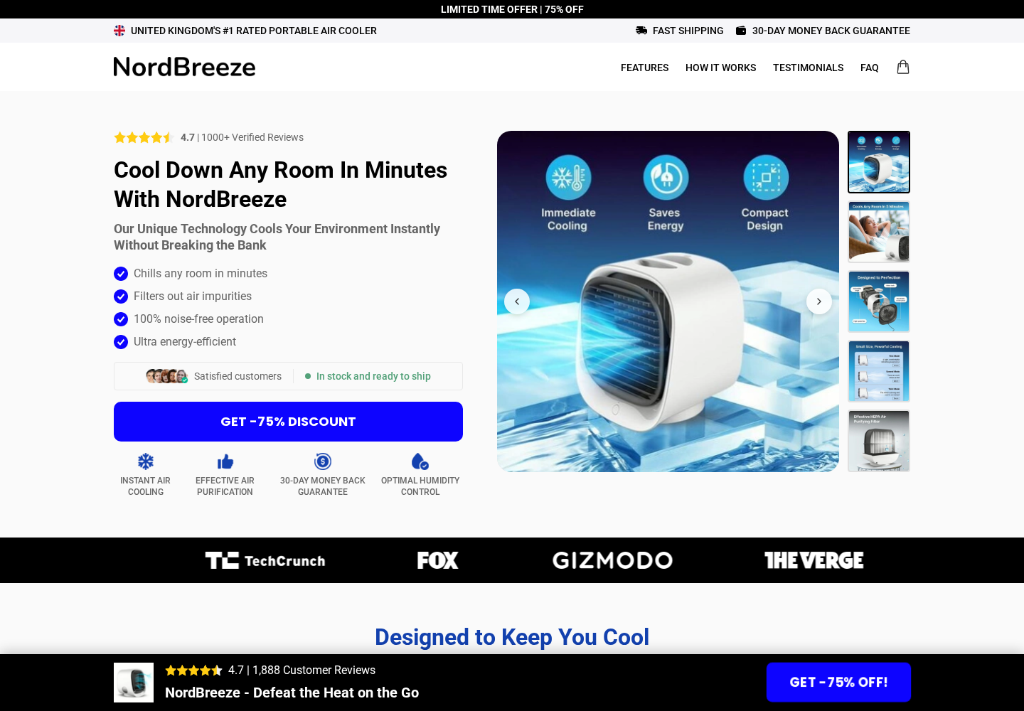 NordBreeze Portable AC Scam: Cooling Claims and Red Flags 2 Second NordBreeze storefront using the same product images and cooling claims