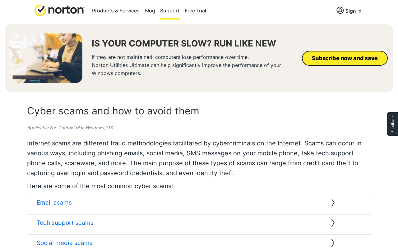 Official Norton support page on cyber scams, including fake renewal invoices and callback numbers