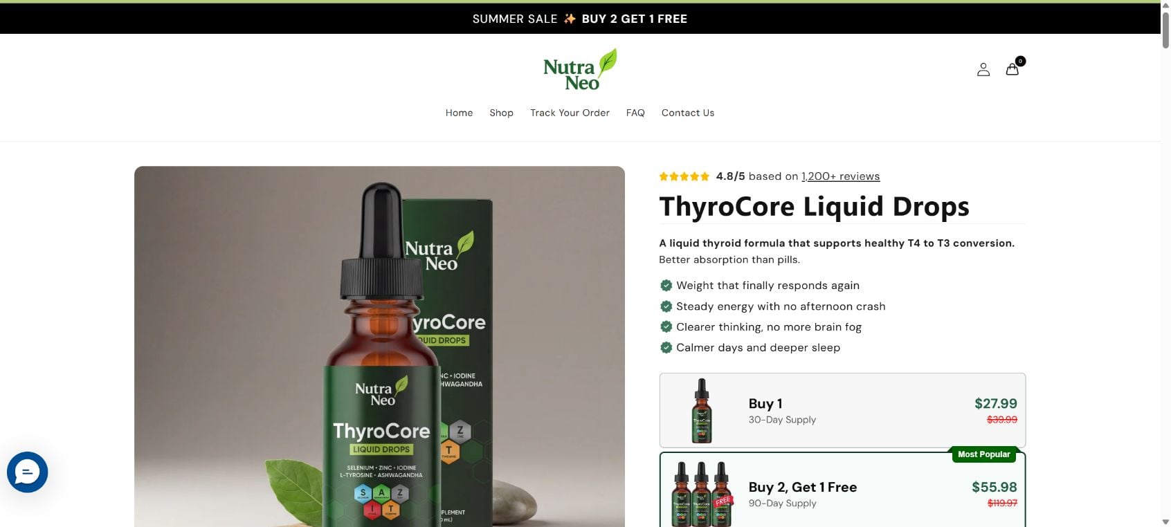 Nutra Neo Drops Scam or Legit? Thyroid Claims and Subscription Trap Explained 1 Nutra Neo ThyroCore Liquid Drops product page showing health claims and purchase options