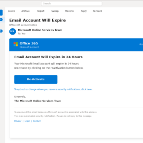 Outlook view of an Office 365 email account expiry notice with a Re-Activate button