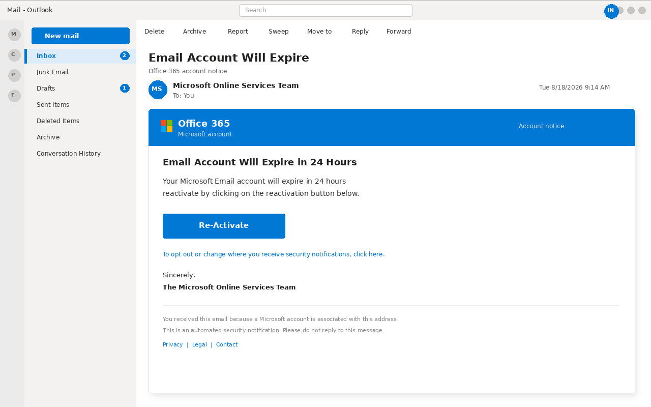 Office 365 Expire Email EXPOSED: Fake Re-Activate Buttons Steal Logins 1 Outlook view of an Office 365 email account expiry notice with a Re-Activate button