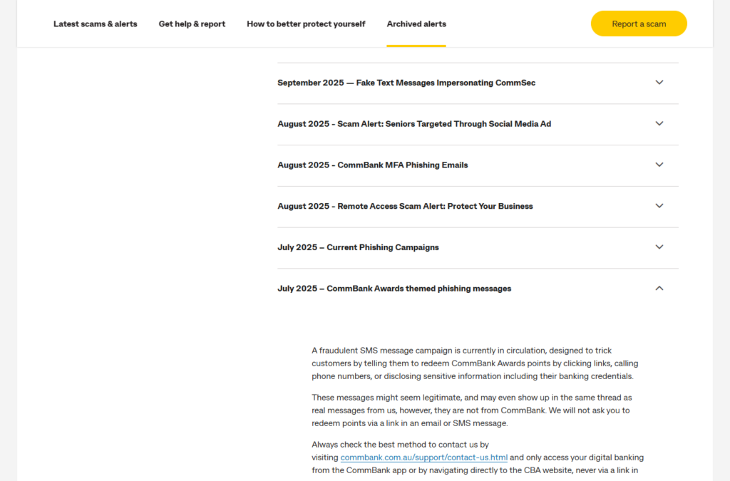 Official CommBank alert for Awards themed phishing messages