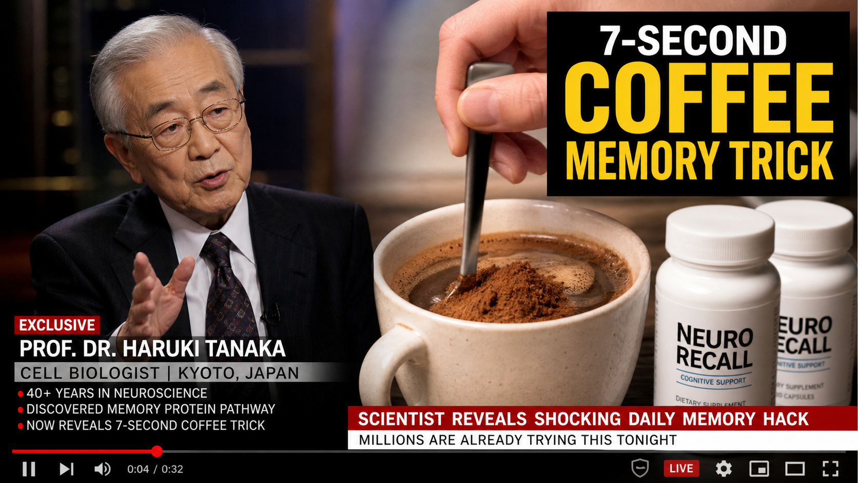Realistic example of a fake seven second coffee memory trick advertisement