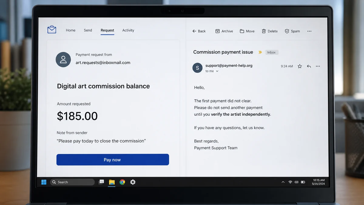 Old Art Commission Email Demands Payment Years Later 2 Realistic reconstruction of a payment request for an alleged old art commission with an independent verification reminder