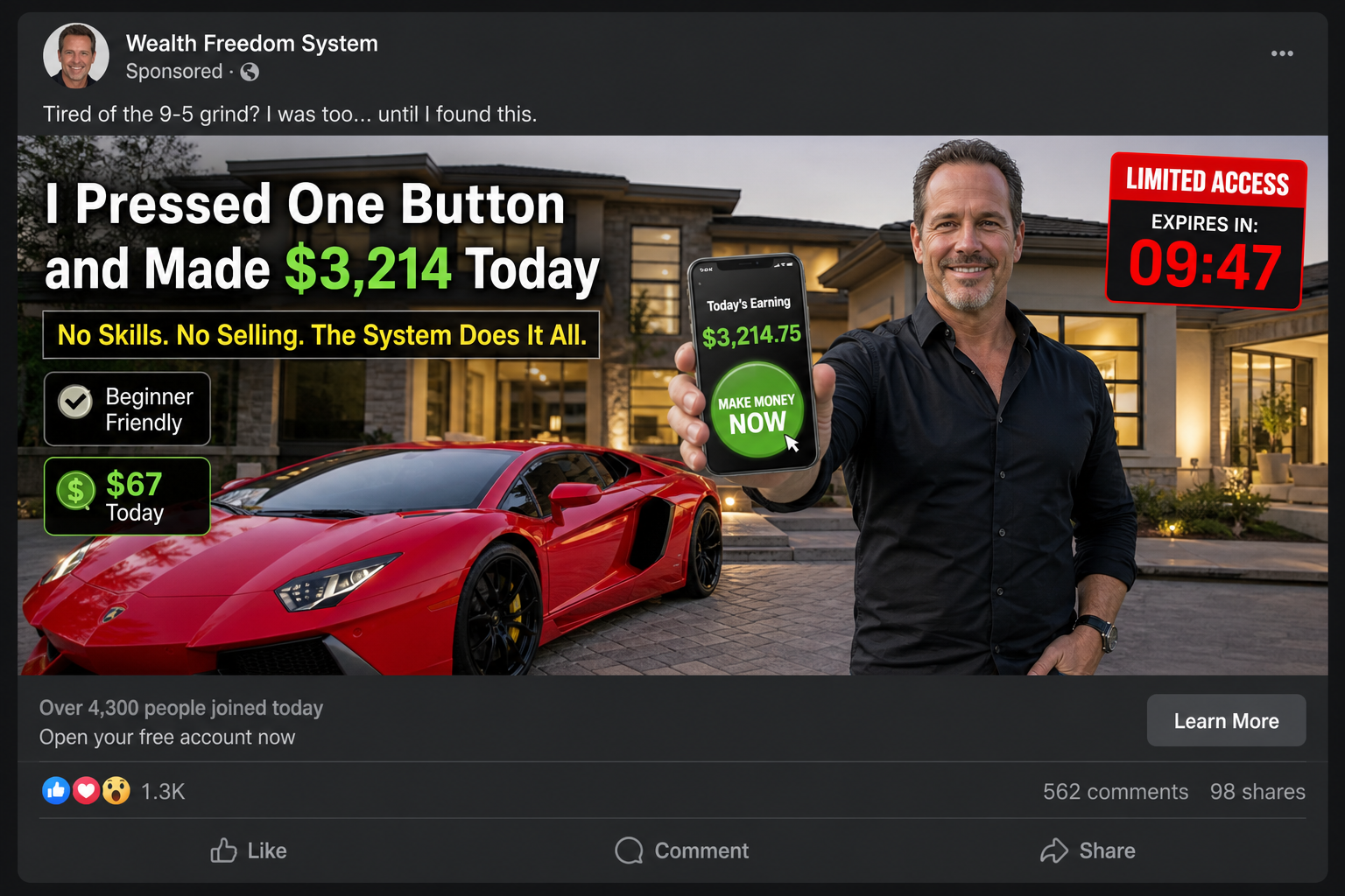 One Button Money App Scam Explained: Fake Earnings and Expensive Upsells 1 Sponsored ad promising huge earnings from pressing one button