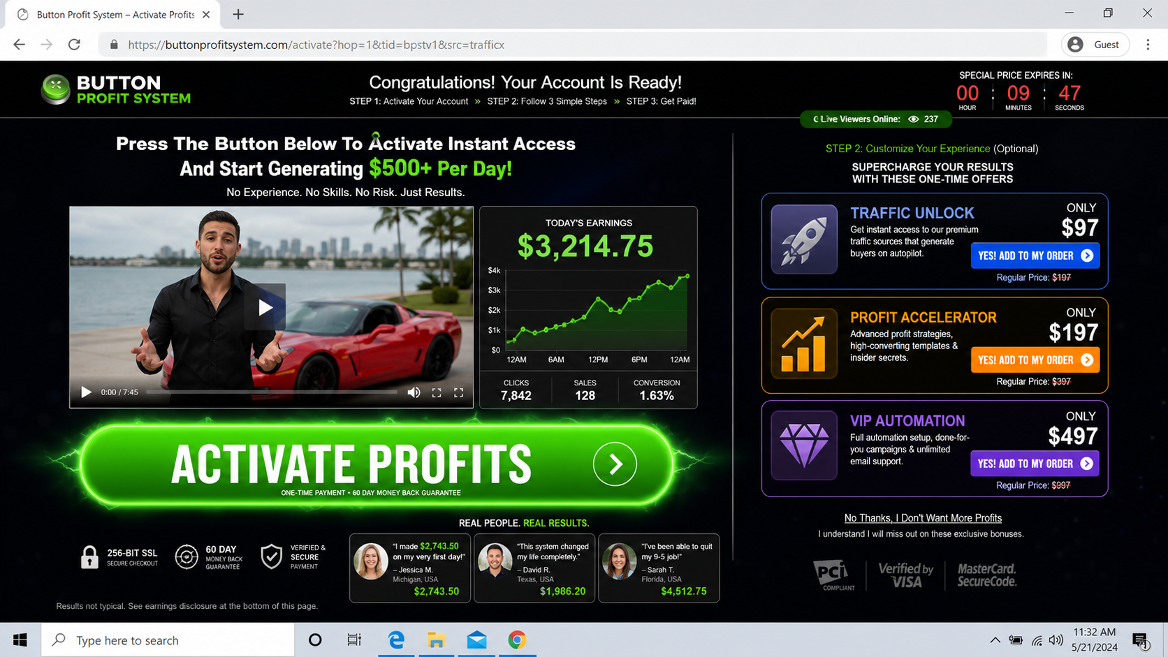 One Button Money App Scam Explained: Fake Earnings and Expensive Upsells 2 One-button profit system dashboard with a $67 offer and costly upgrades