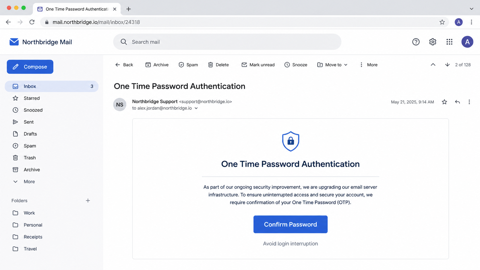 Reconstruction of a fake one-time password authentication email that claims a mail upgrade requires password confirmation