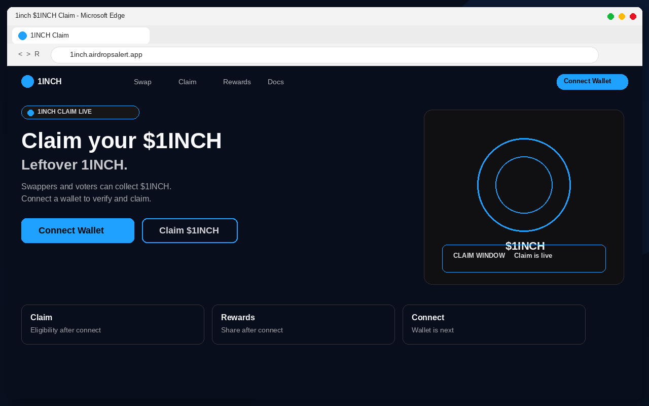1inch Airdrop EXPOSED: Fake $1INCH Claim Pages Drain Wallets 1 Fake 1inch $1INCH airdrop claim page with Connect Wallet