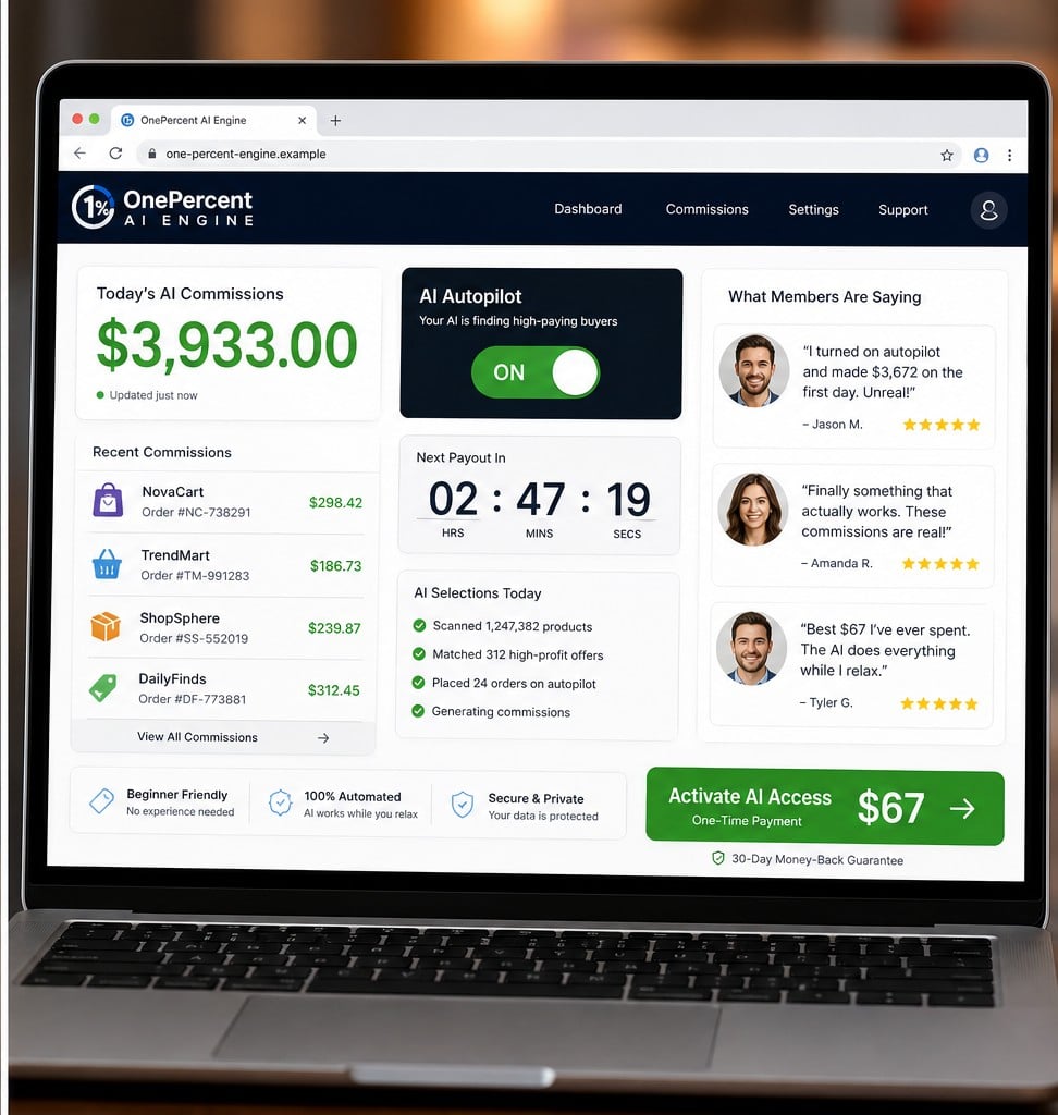 1% AI App Scam: Fake Passive Income Claims 2 Reconstruction of a 1% AI earnings dashboard and $67 activation offer