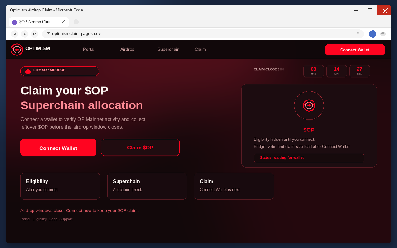 Optimism Airdrop EXPOSED: Fake $OP Claim Pages Drain Wallets 1 Fake Optimism airdrop claim page with Connect Wallet