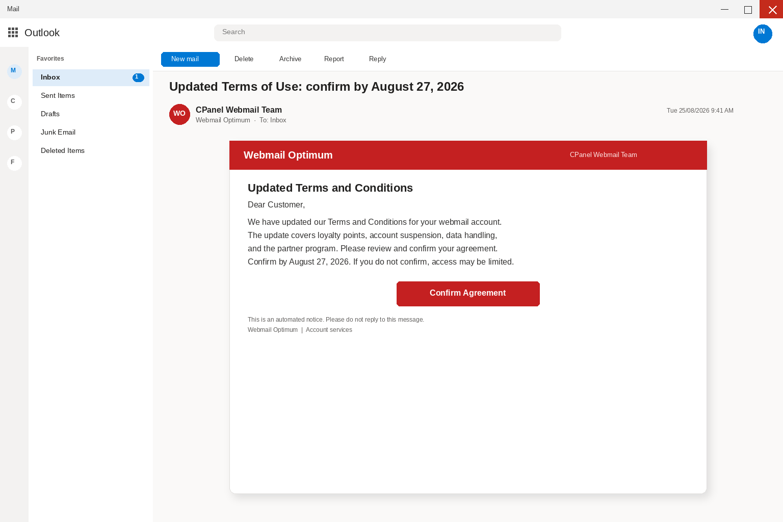 Optimum-themed webmail terms email with a Confirm Agreement button