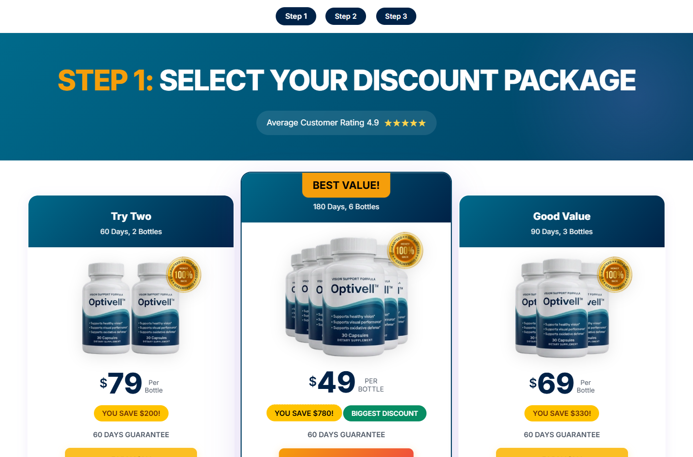 Optivell sales page showing multi-bottle vision supplement packages