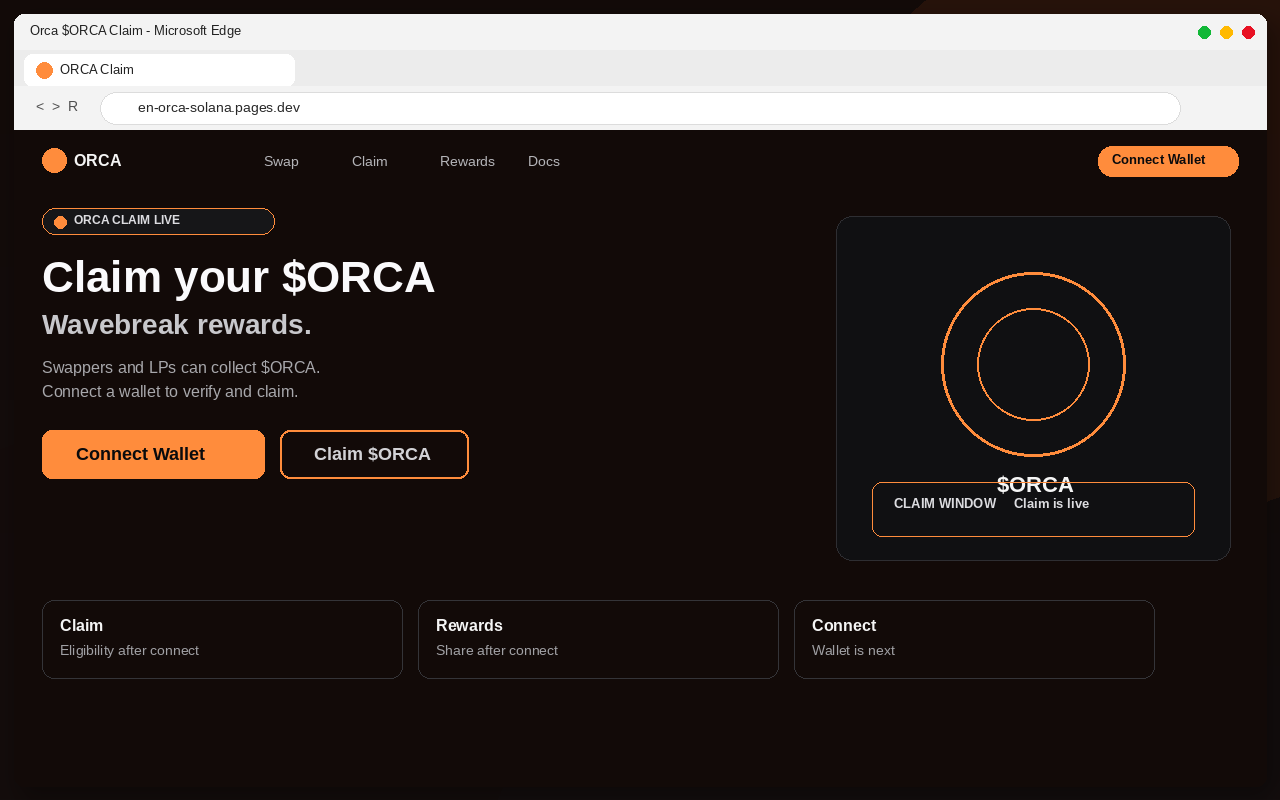 Fake Orca $ORCA airdrop claim page with Connect Wallet