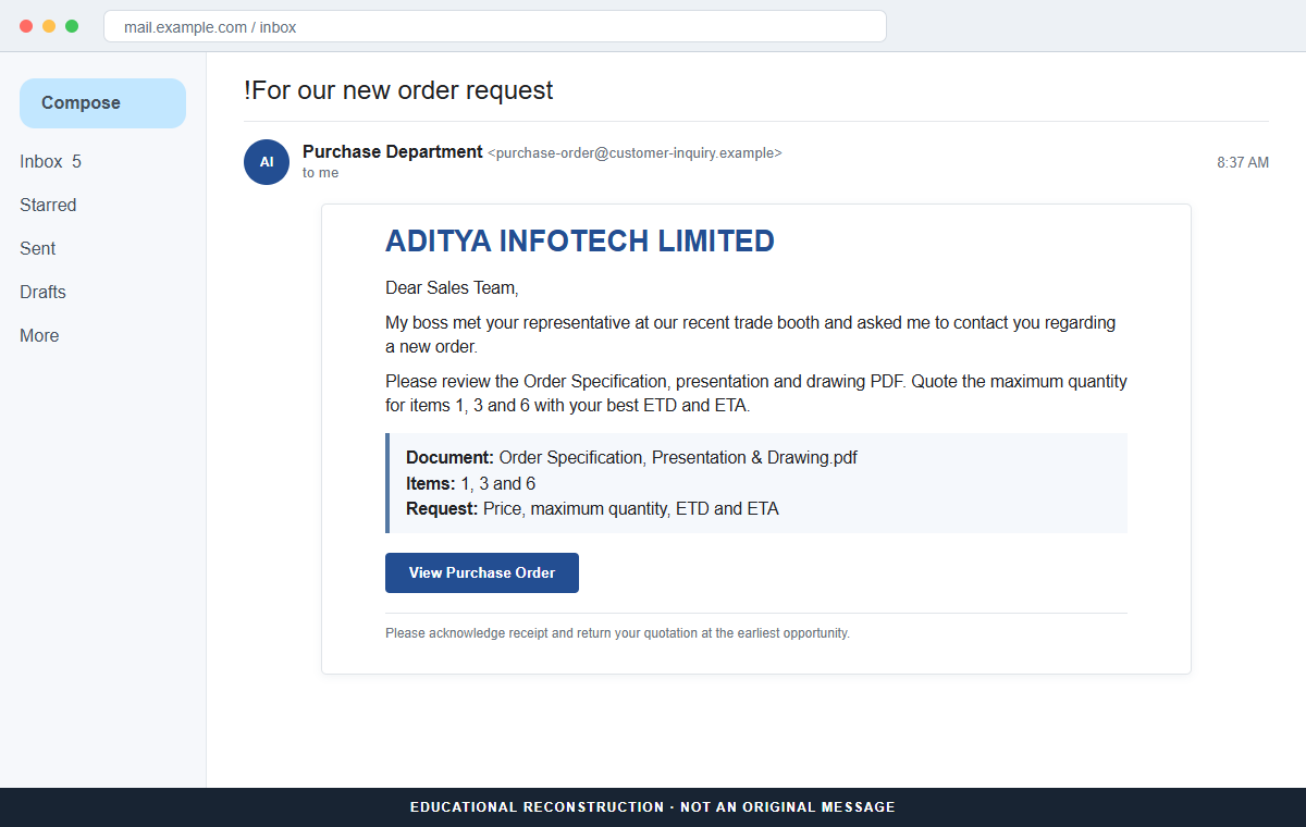 Reconstruction of a fake order inquiry requesting a quotation from linked specifications and drawings