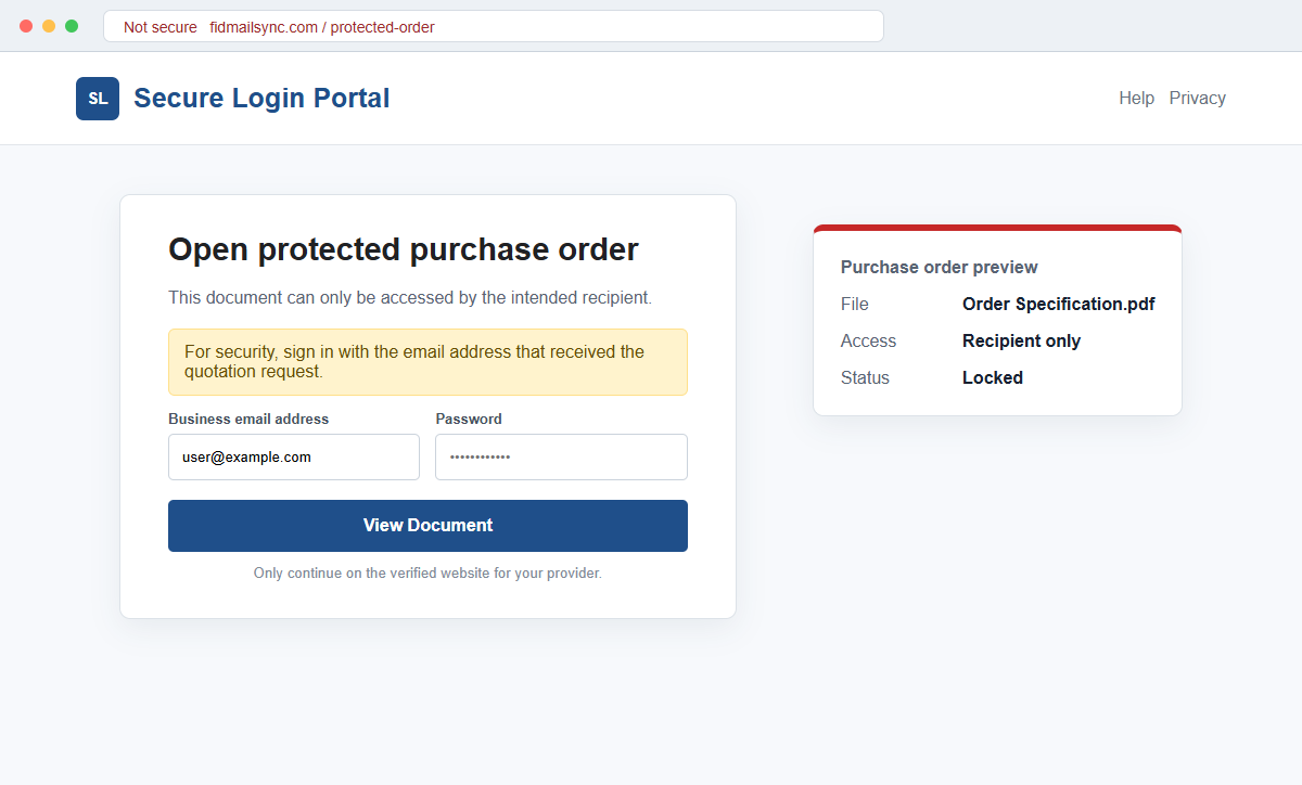 Reconstruction of a fake secure login portal showing a blurred purchase order behind a password form