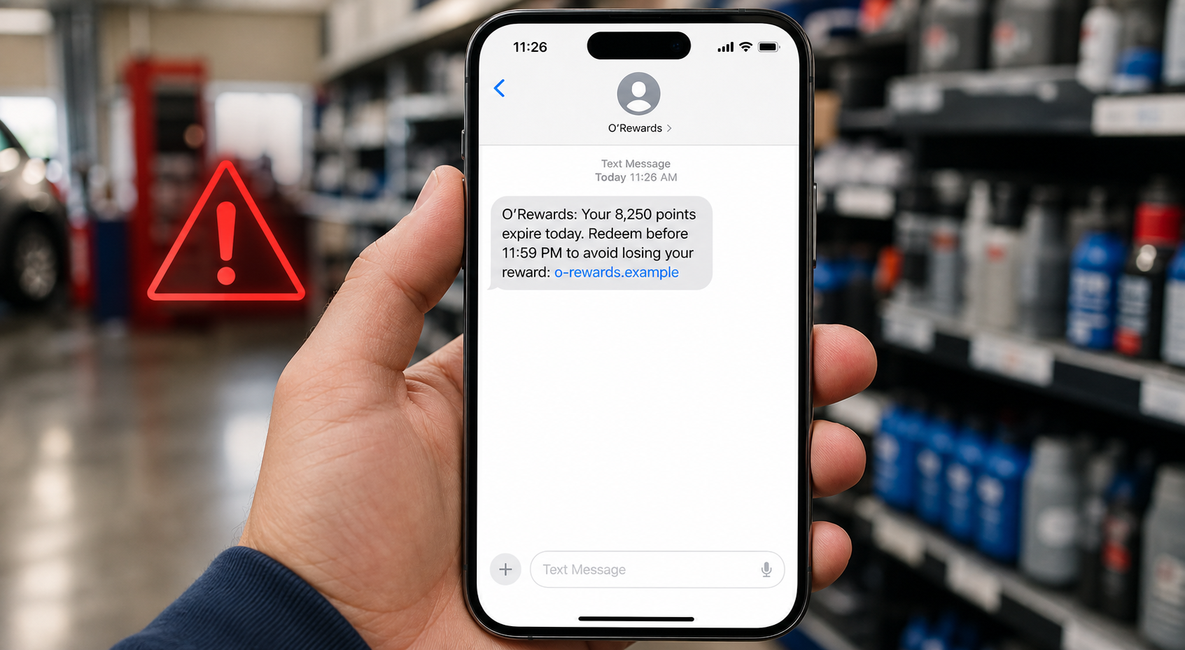 O’Rewards Scam: Fake O’Reilly Text Messages and Emails Explained 1 Representative reconstruction of a fake O’Rewards points expiration text message