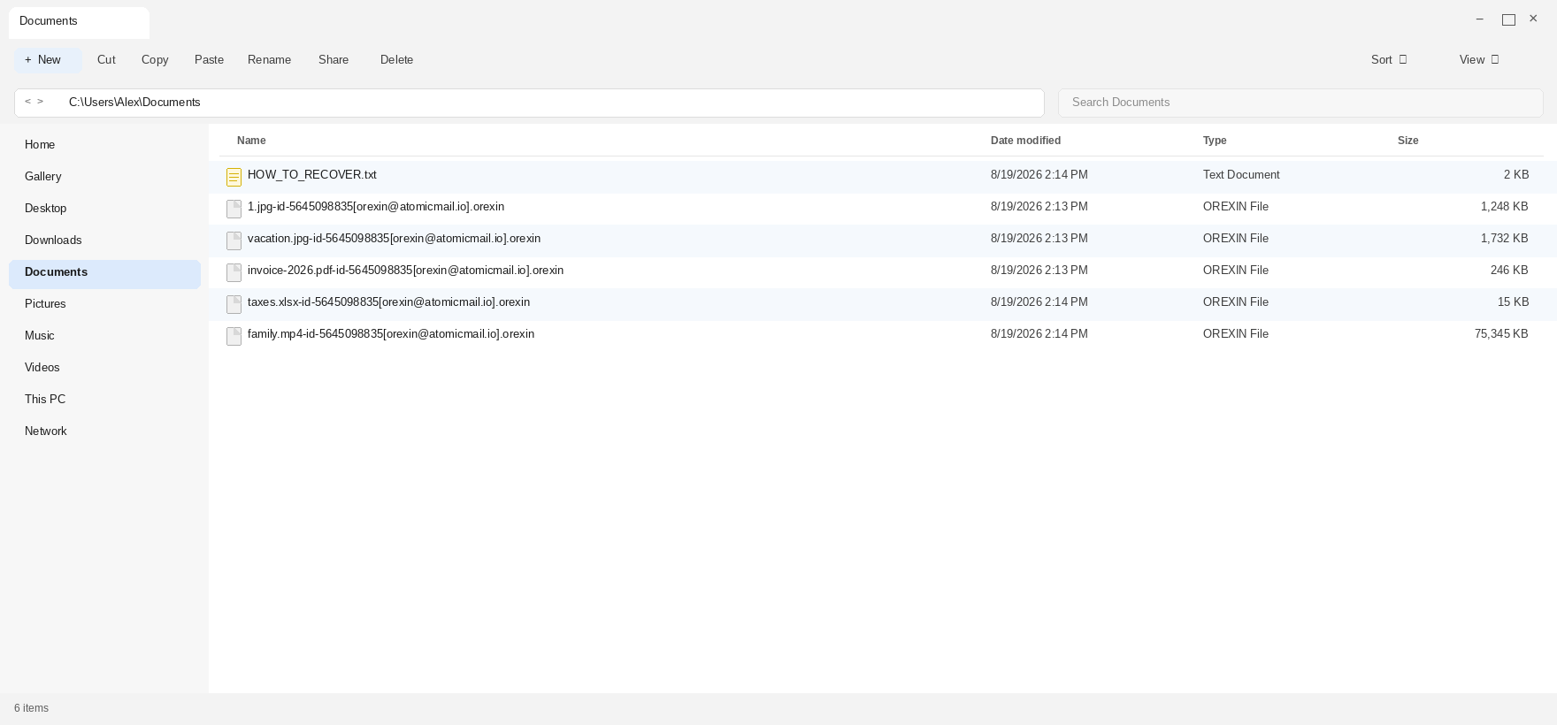 Encrypted files after Orexin. The .orexin names and HOW_TO_RECOVER.txt are the tell.