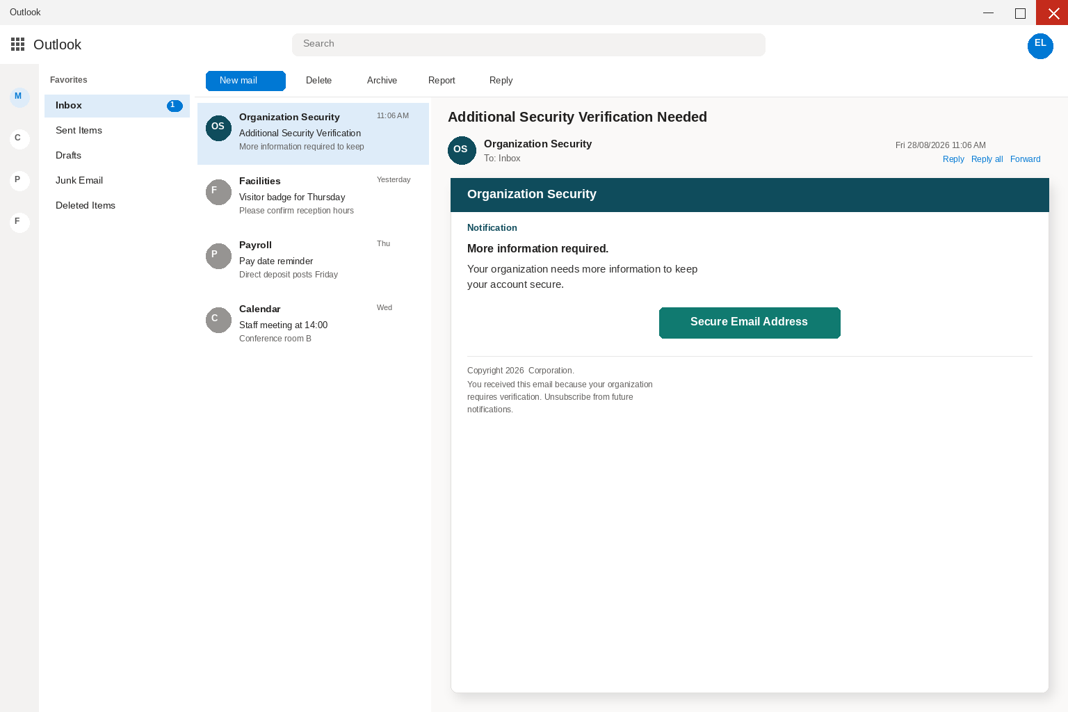 Outlook view of an organization security email with a Secure Email Address button