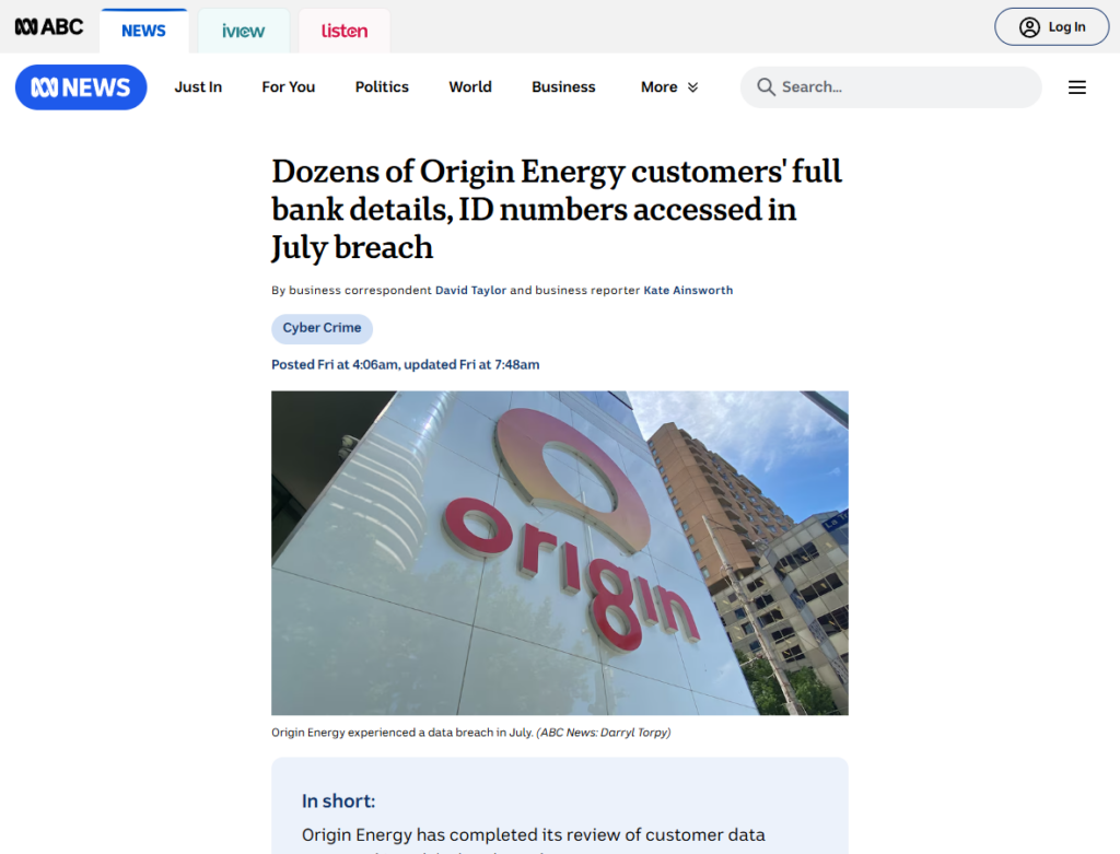 ABC News report about the Origin Energy customer data breach update