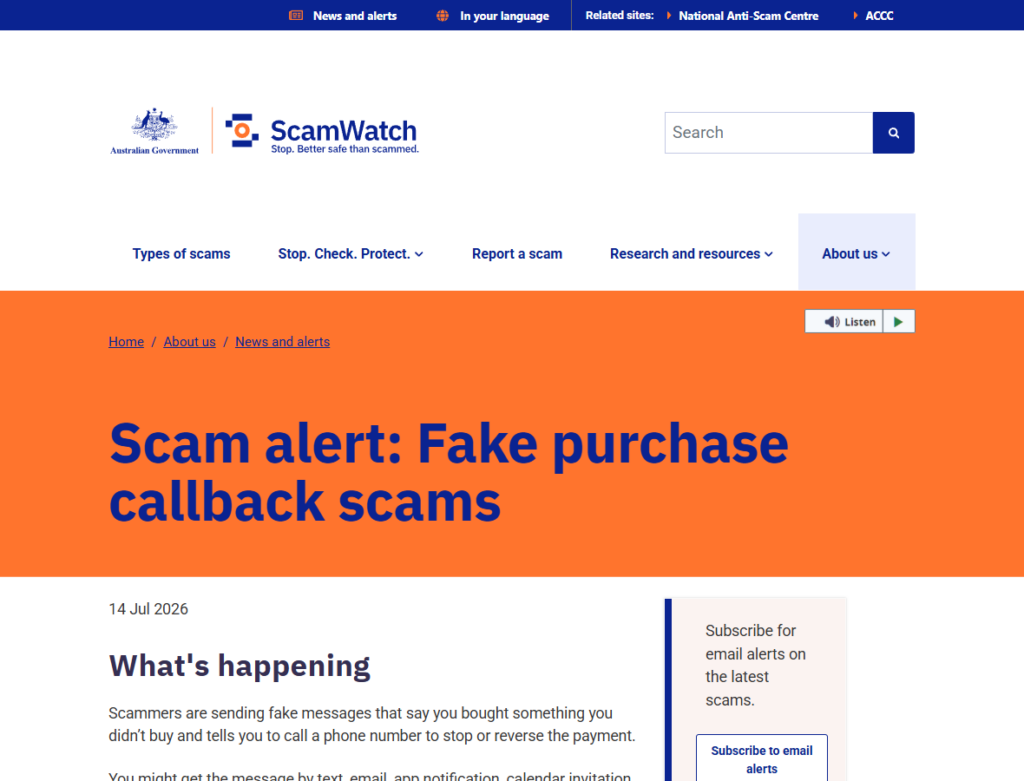 Scamwatch alert explaining fake purchase callback scams
