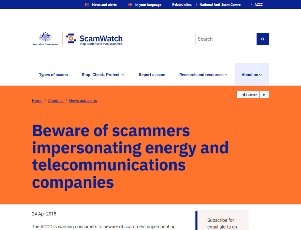 Scamwatch warning about scammers impersonating energy and telecommunications companies