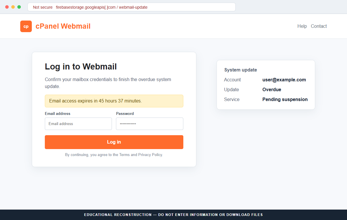 Reconstruction of the fake cPanel Webmail login hosted on Firebase Storage