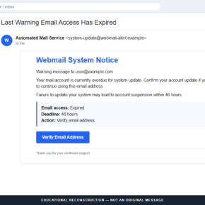 Reconstruction of the Mail Account System Update email scam claiming email access expired