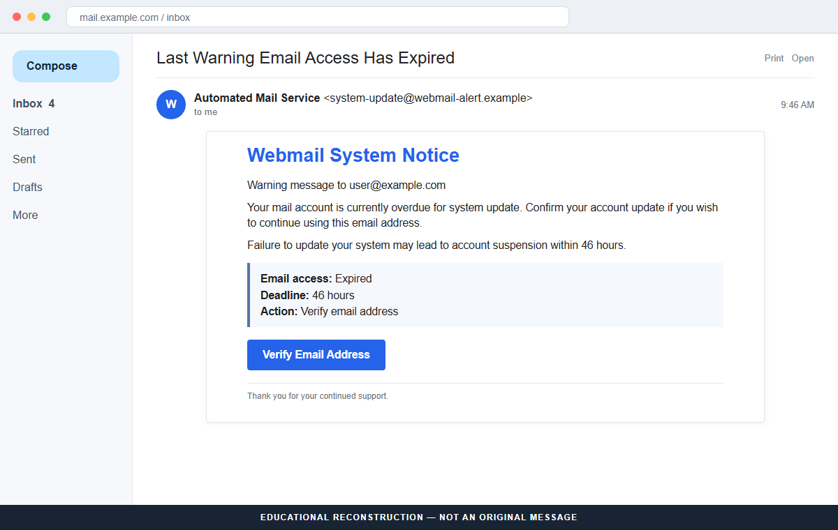 Reconstruction of the Mail Account System Update email scam claiming email access expired