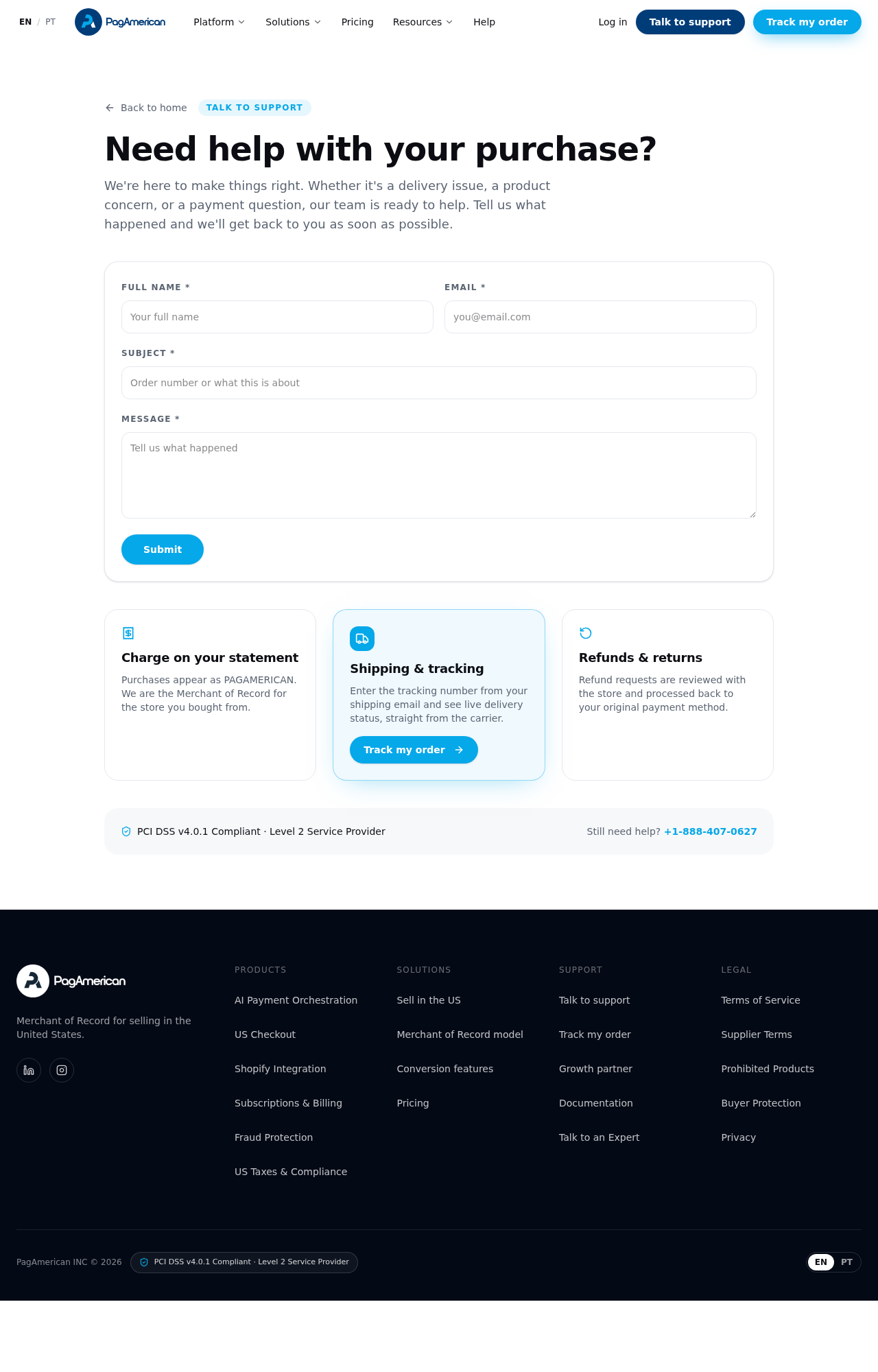 PagAmerican buyer support page explaining card charges, shipping, and refunds