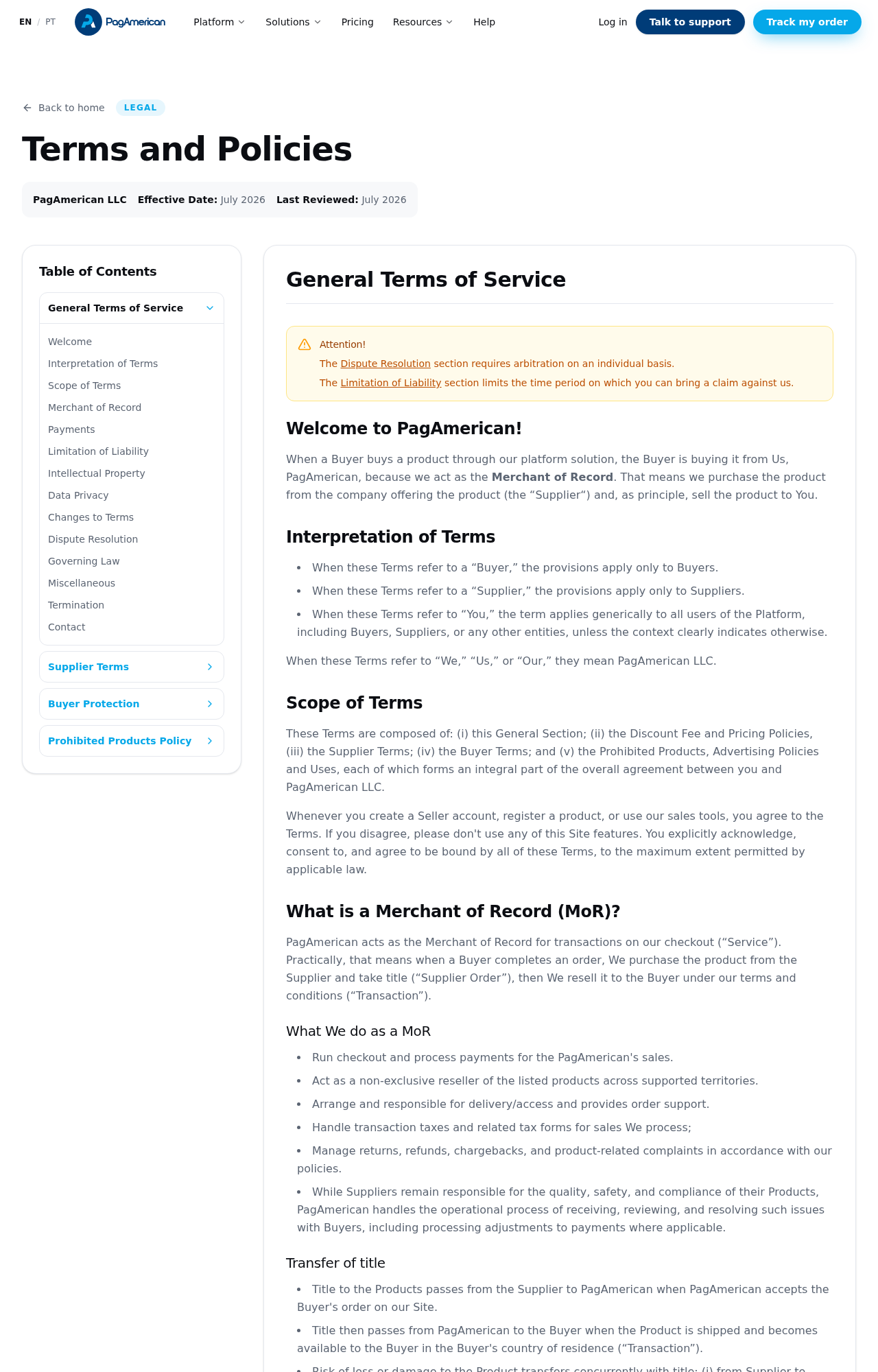 PagAmerican terms explaining its role in payments, delivery, returns, refunds, and chargebacks