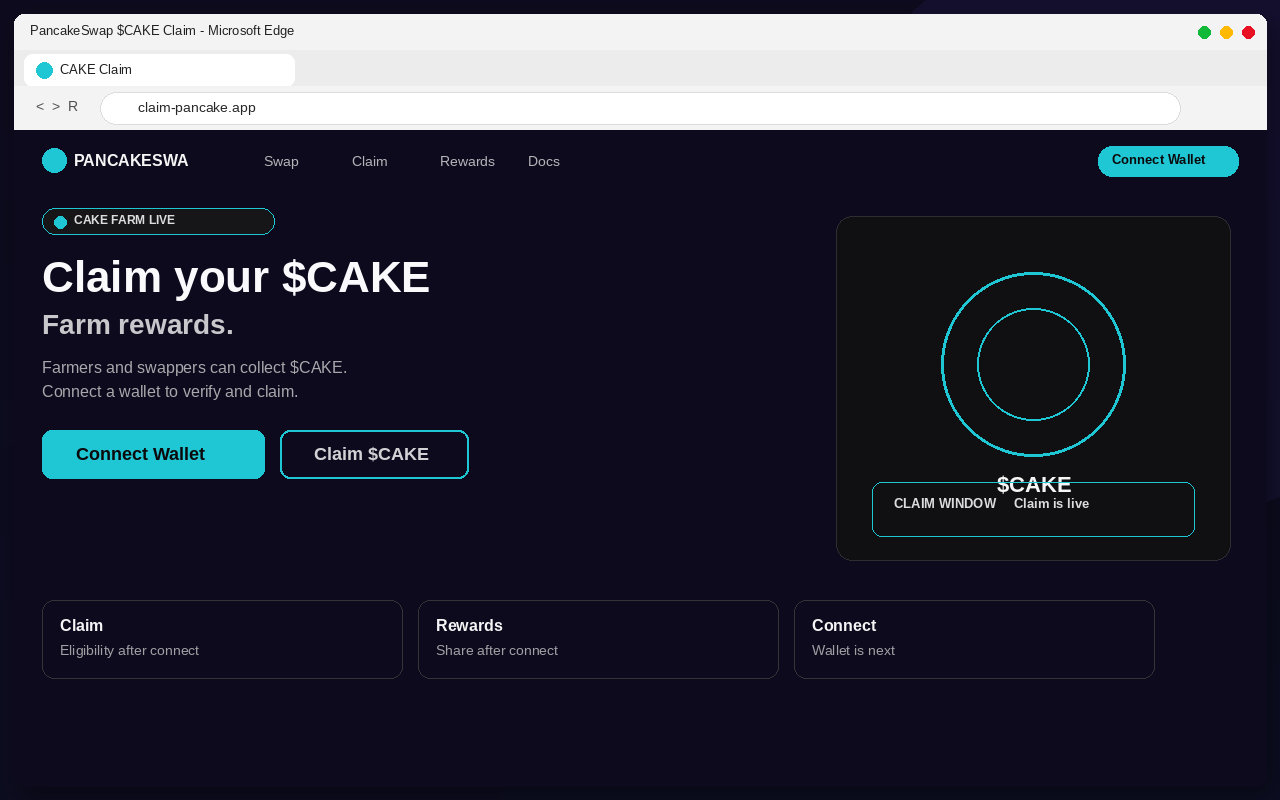 PancakeSwap Airdrop EXPOSED: Fake $CAKE Claim Pages Drain Wallets 1 Fake PancakeSwap $CAKE airdrop claim page with Connect Wallet